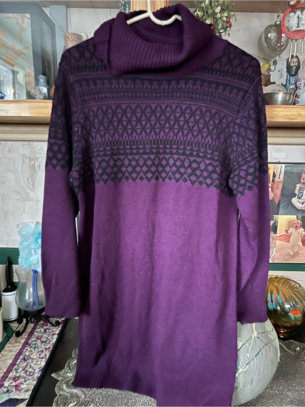 Gloria Vanderbilt Purple and Black Patterned Cowl-Neck Sweater